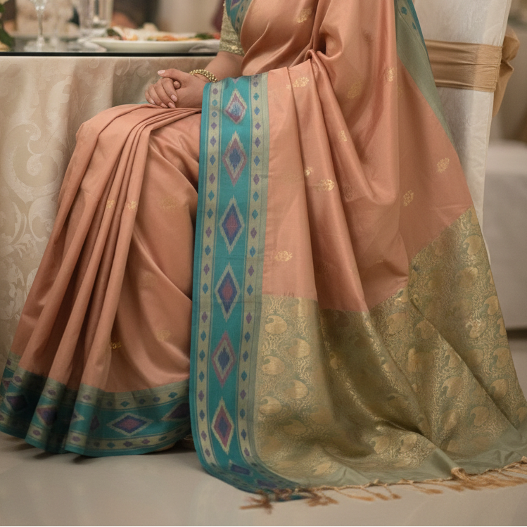 Peach and teal green Semi Silk Saree