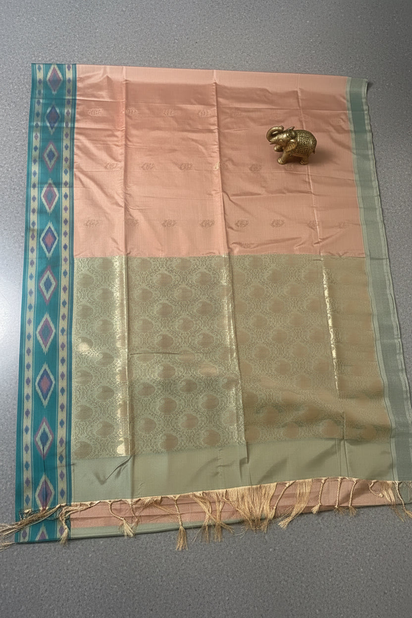 Peach and teal green Semi Silk Saree