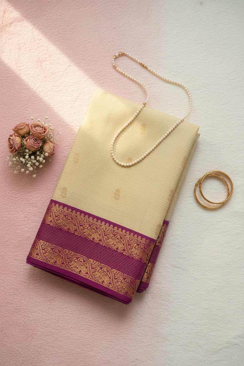 Creme and Purple Silk Saree