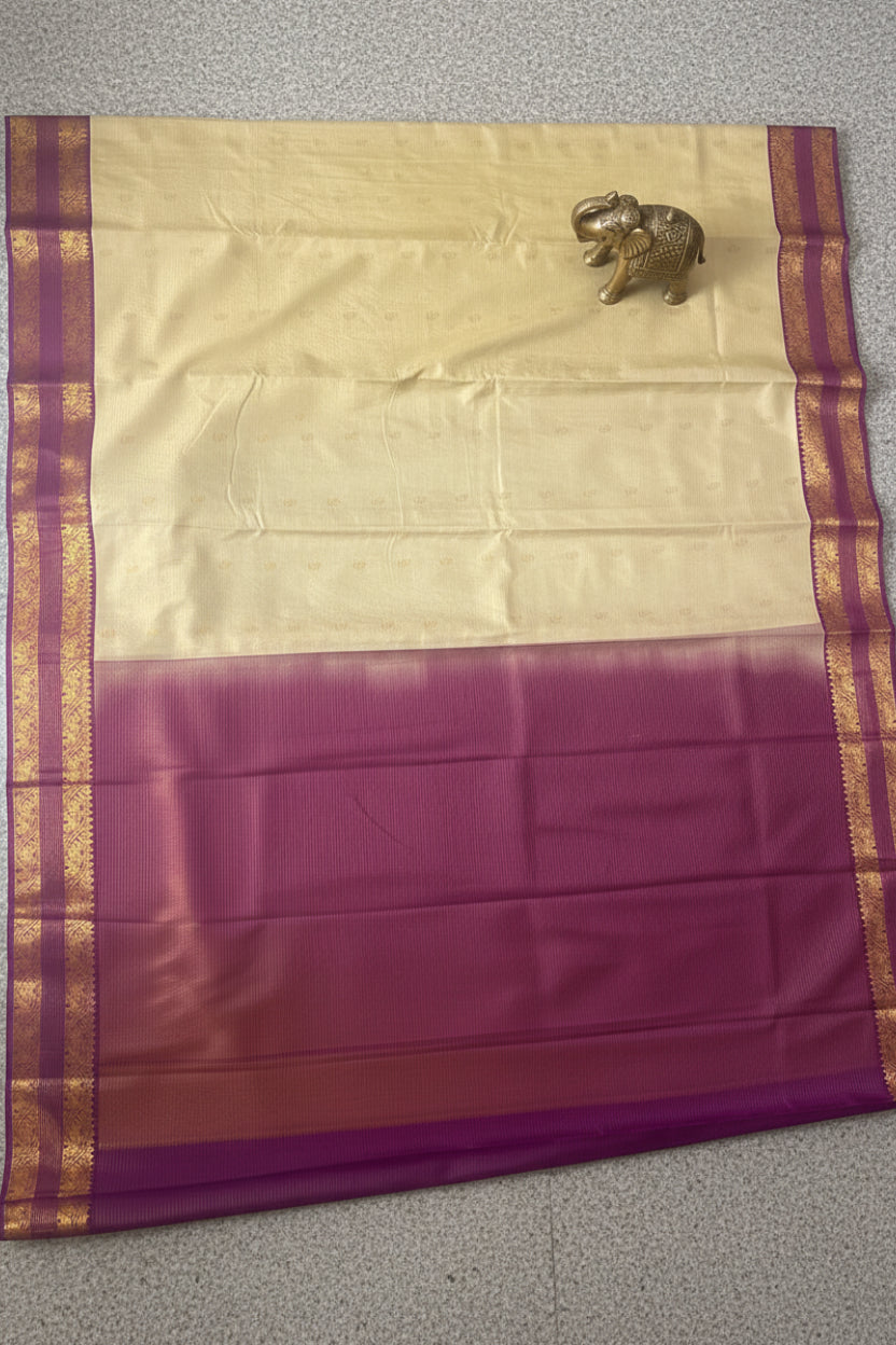 Creme and Purple Silk Saree