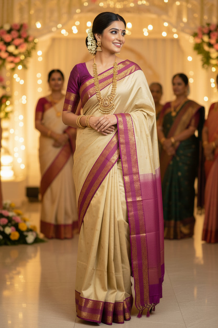 Creme and Purple Silk Saree