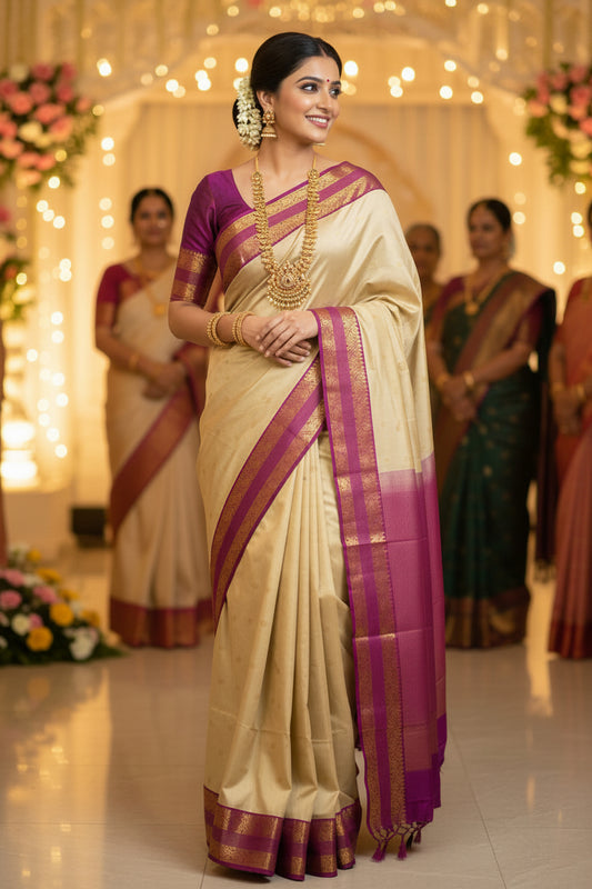 Creme and Purple Silk Saree