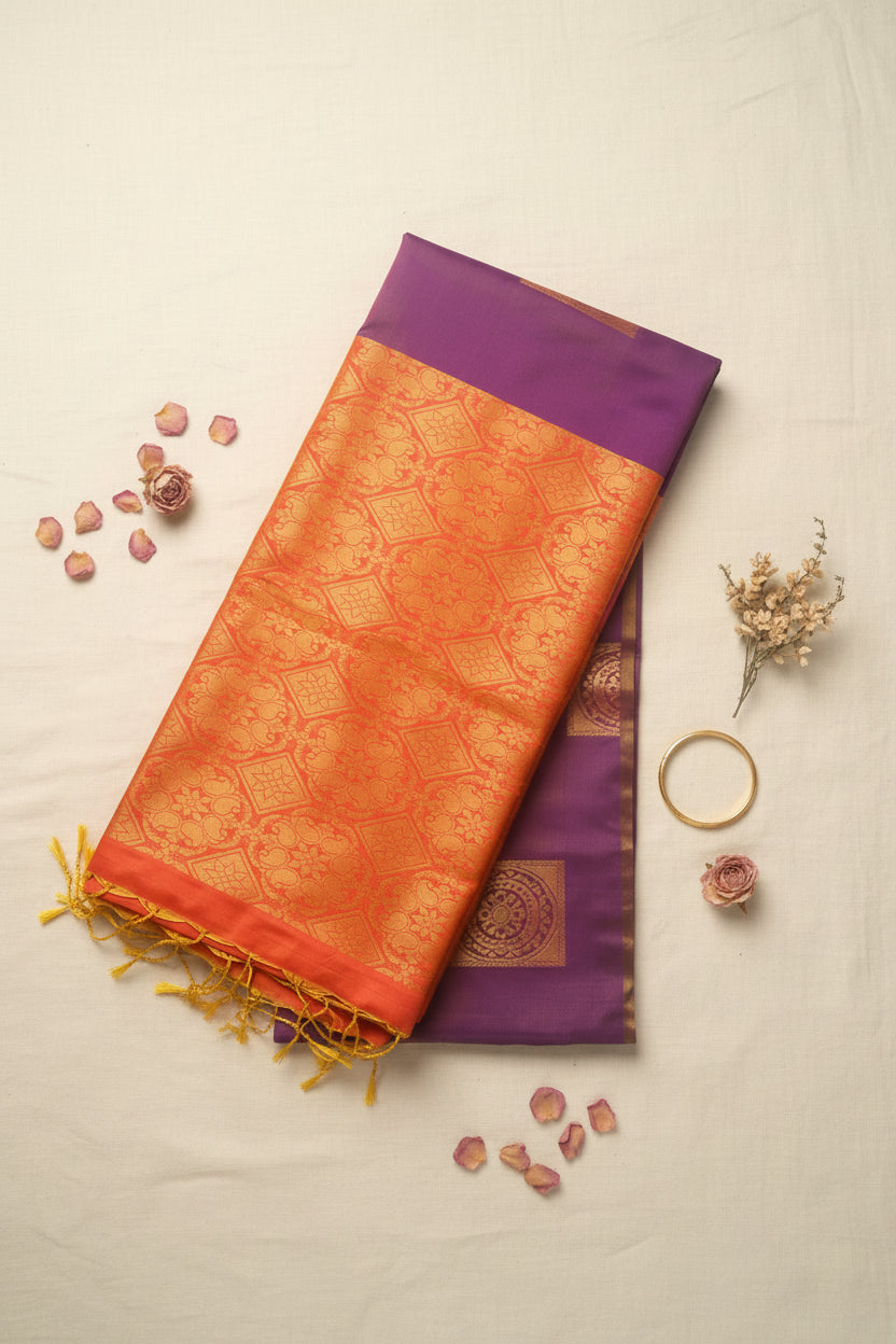 Purple and Orange Semi Silk Saree