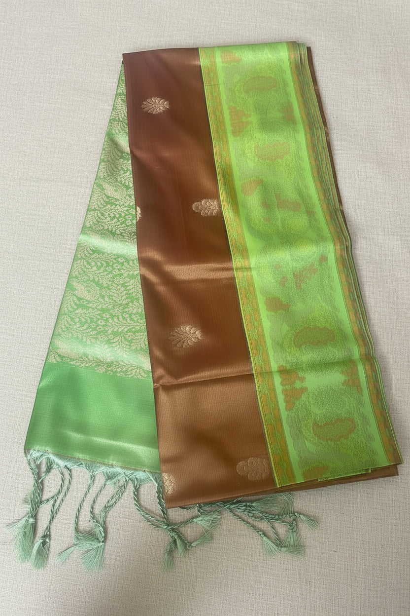 Brown and Green Semi Silk Saree