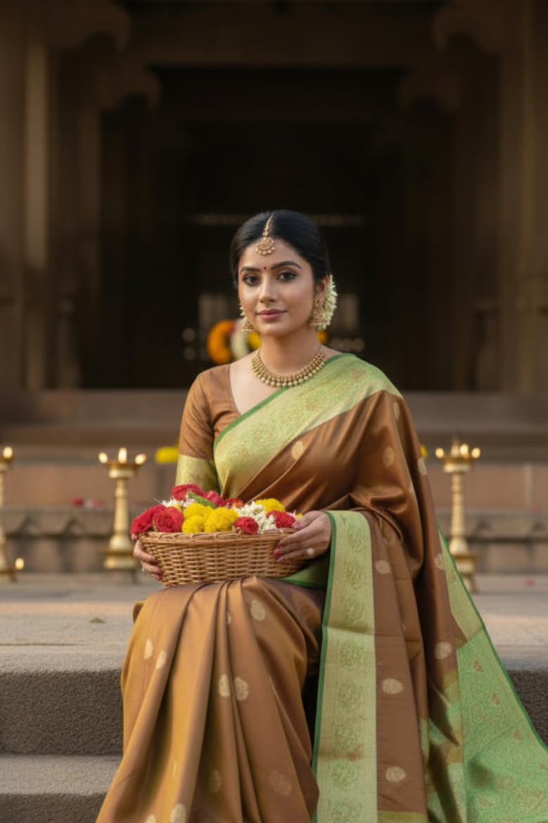 Brown and Green Semi Silk Saree