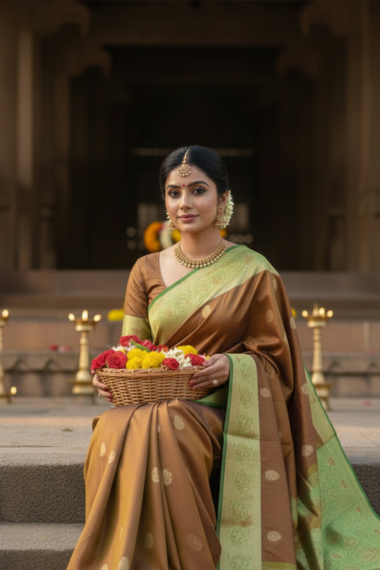 Brown and Green Semi Silk Saree