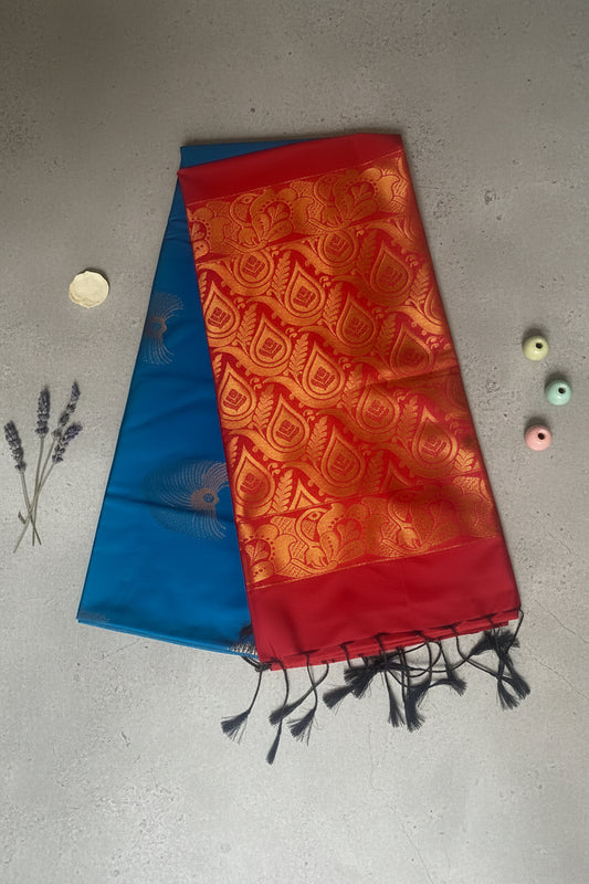 Blue and Red Semi Silk Saree