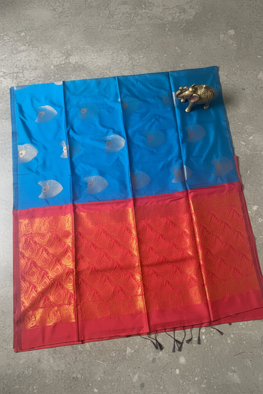 Blue and Red Semi Silk Saree
