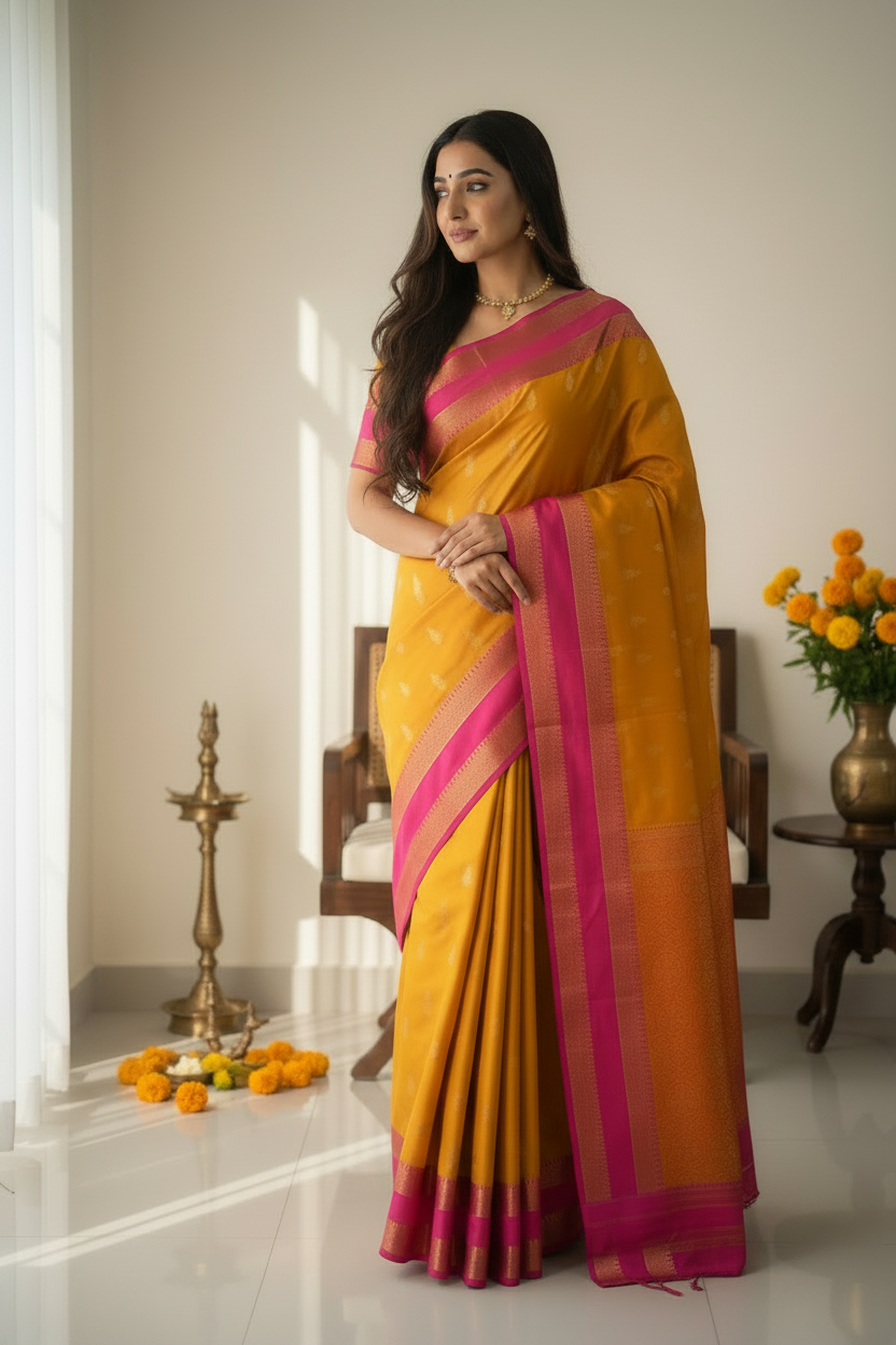 Yellow and Pink Soft Silk Saree