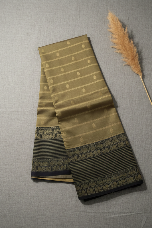 Olive gold with black Zari lines Soft Silk Saree