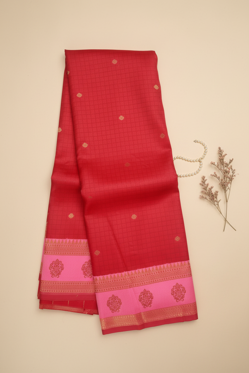 Red and Pink Tussar Silk Saree