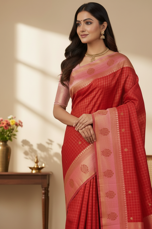 Red and Pink Tussar Silk Saree