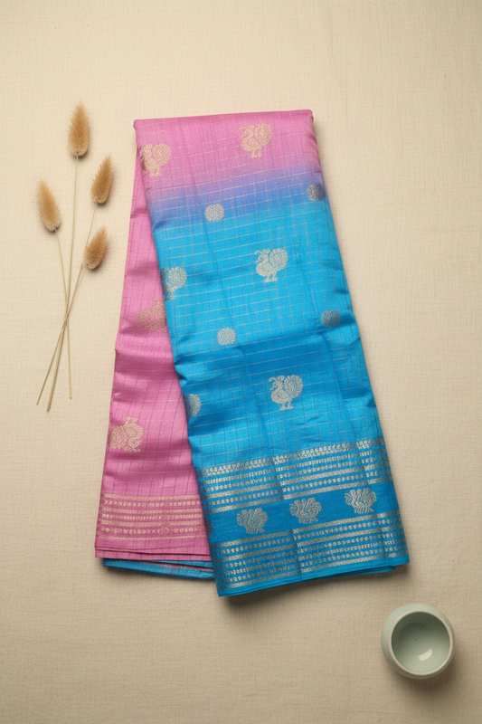 Pink and Blue Tussar Silk Saree