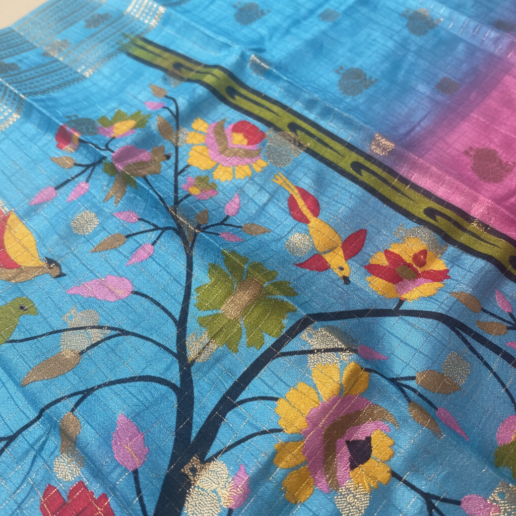 Pink and Blue Tussar Silk Saree