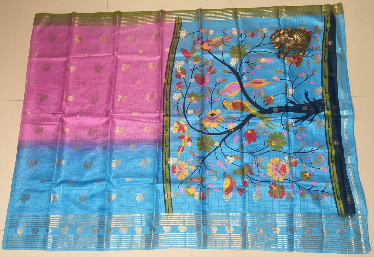 Pink and Blue Tussar Silk Saree