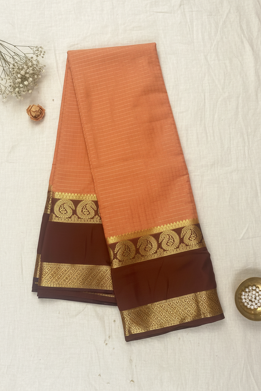 Peach-Orange and Brown Mysore Silk Saree