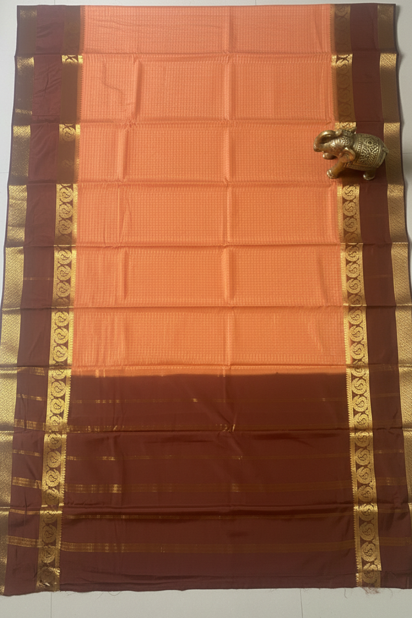 Peach-Orange and Brown Mysore Silk Saree