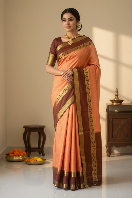 Peach-Orange and Brown Mysore Silk Saree