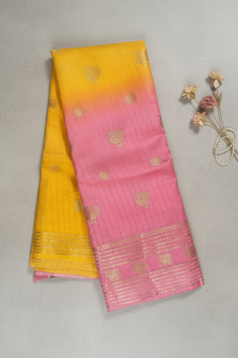 Yellow and Pink Tussar Silk Saree