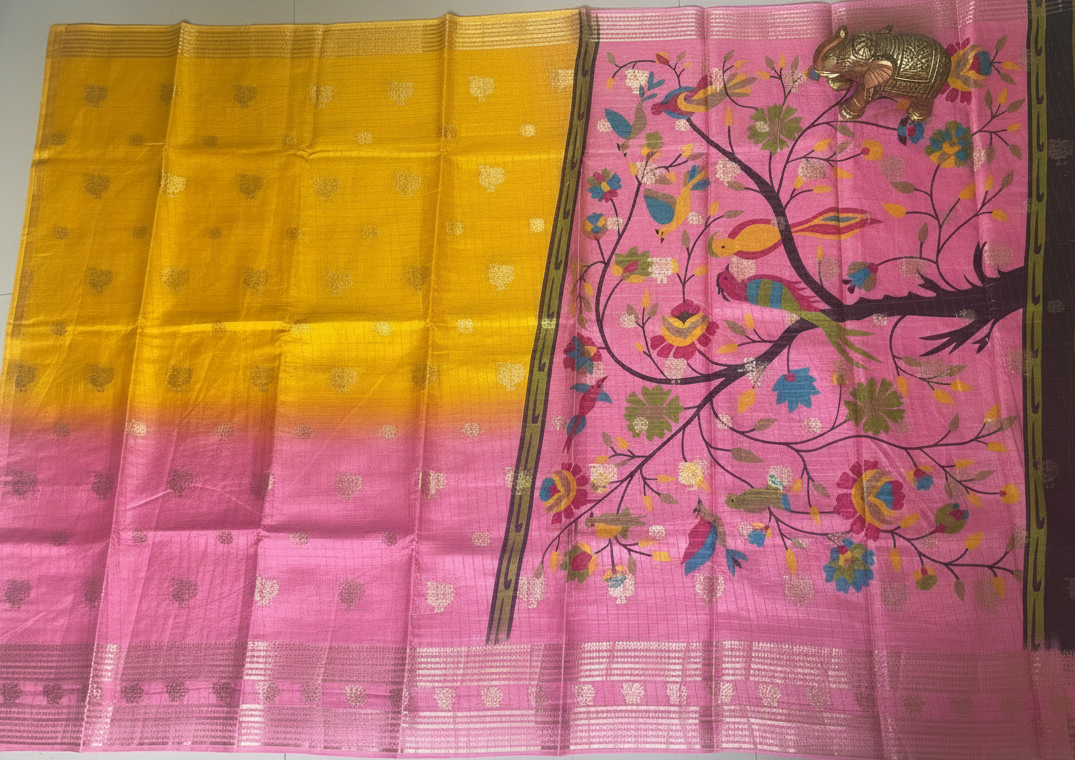 Yellow and Pink Tussar Silk Saree
