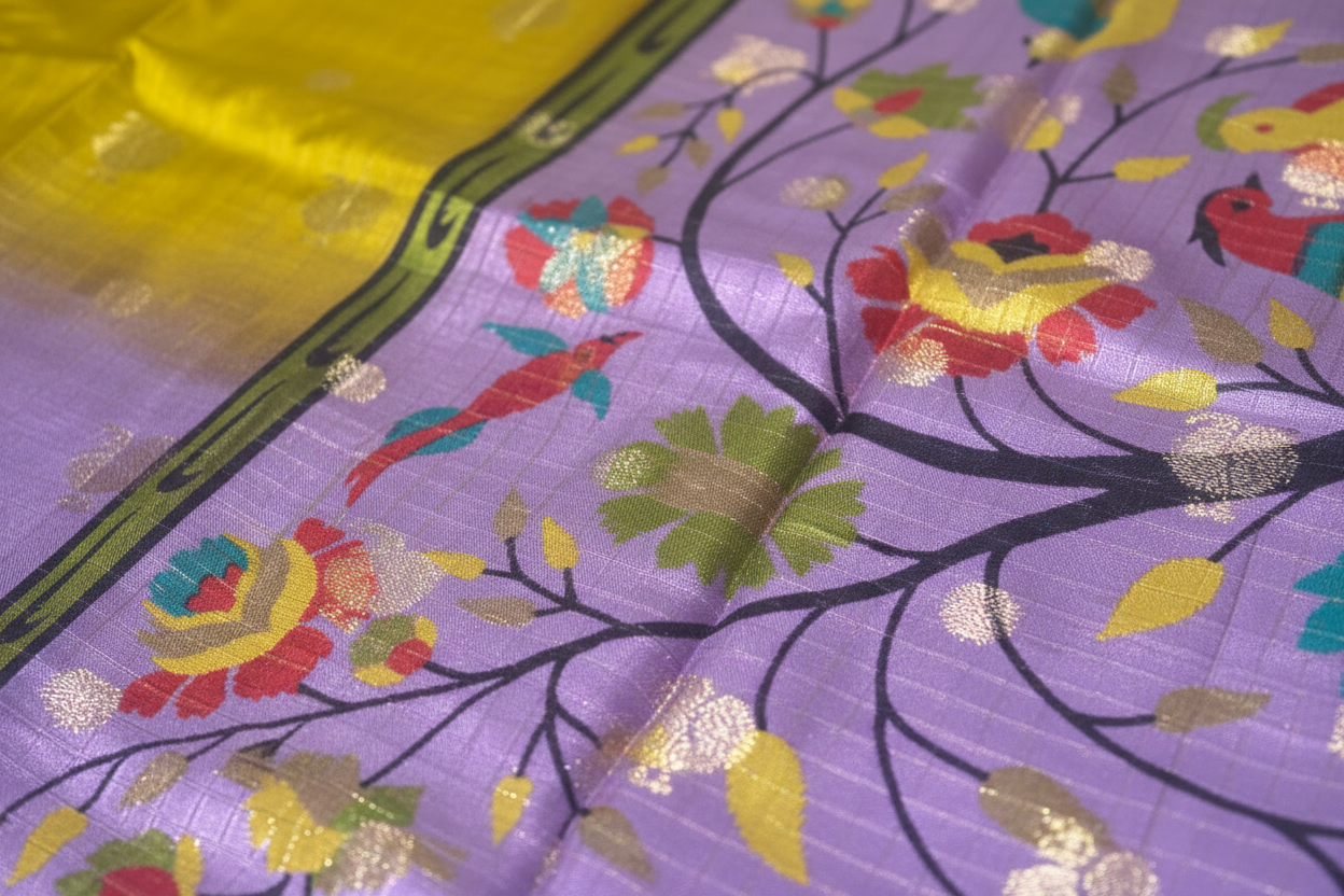 Yellow and Lavender Tussar Silk Saree