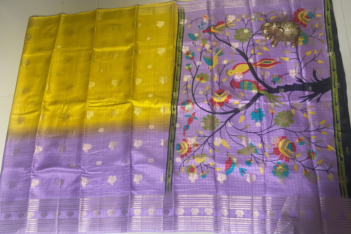 Yellow and Lavender Tussar Silk Saree