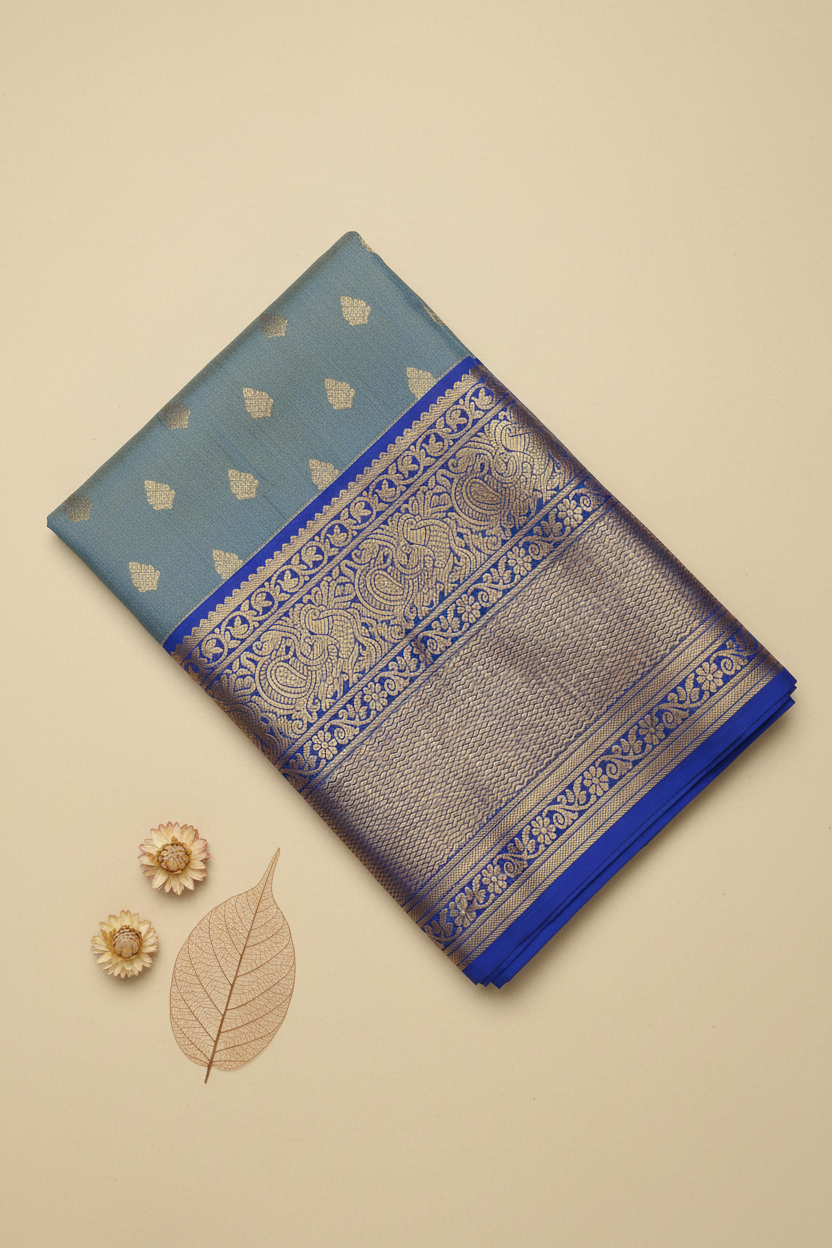 Blue Zari Motifs Semi Silk Saree