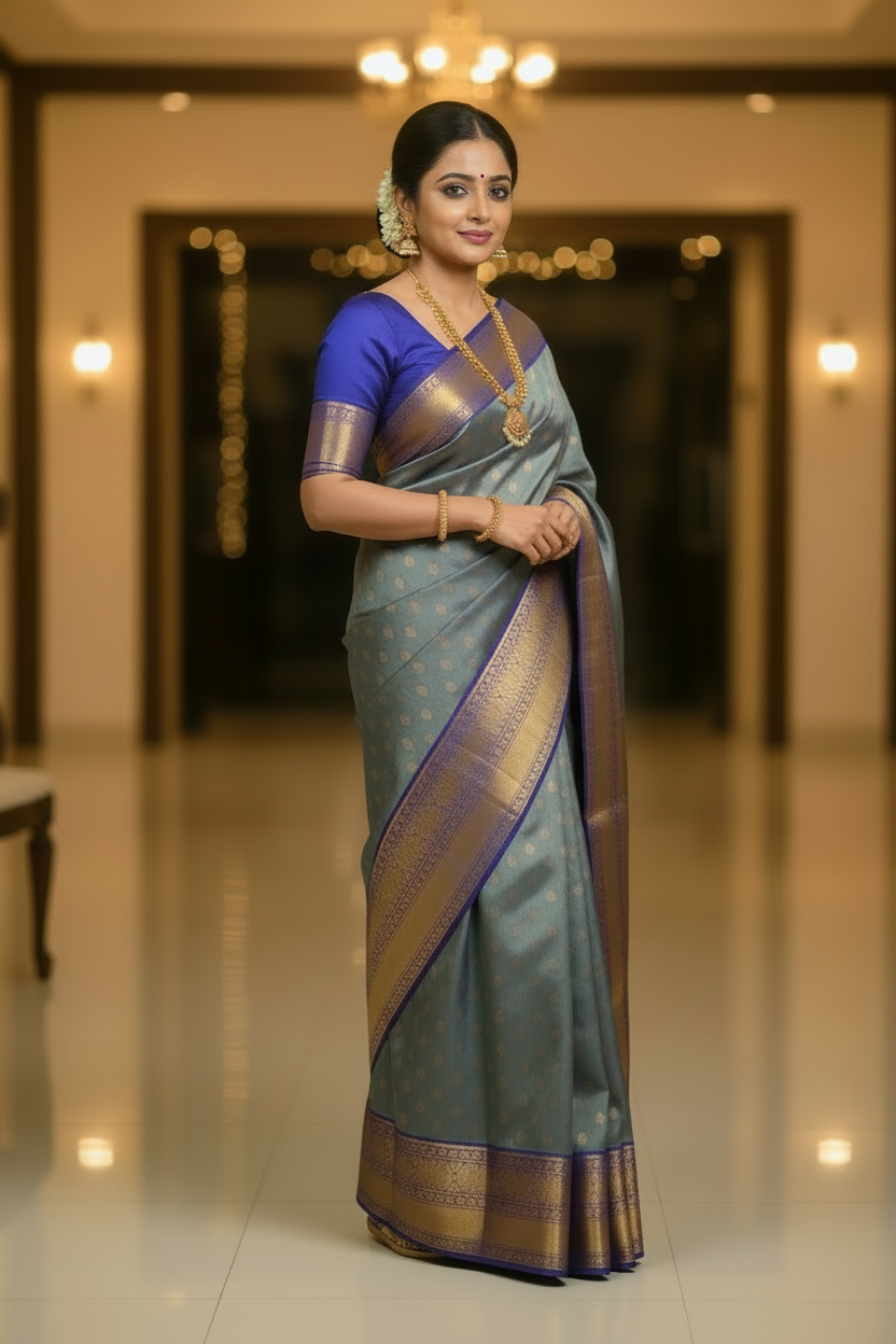 Blue Zari Motifs Semi Silk Saree