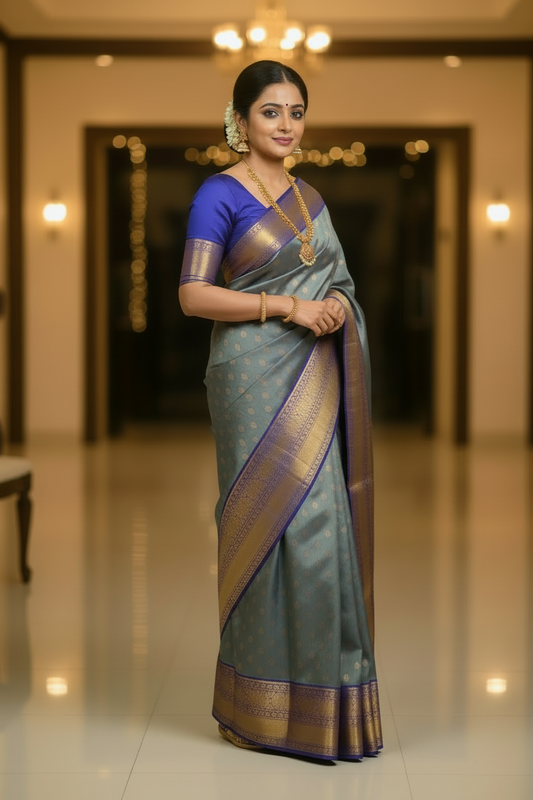 Blue Zari Motifs Semi Silk Saree