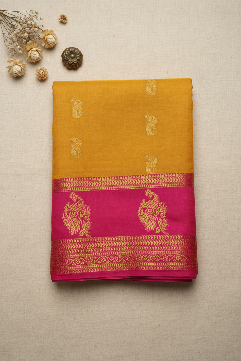 Yellow and Pink Soft Silk Saree