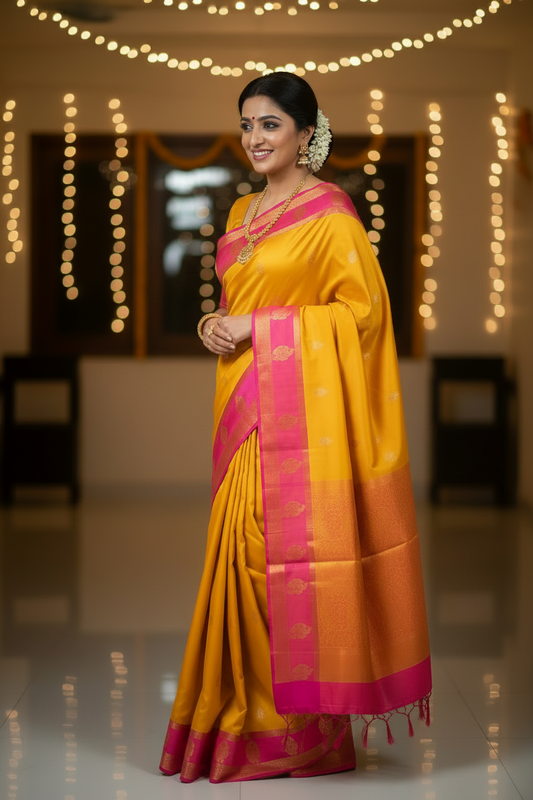 Yellow and Pink Soft Silk Saree
