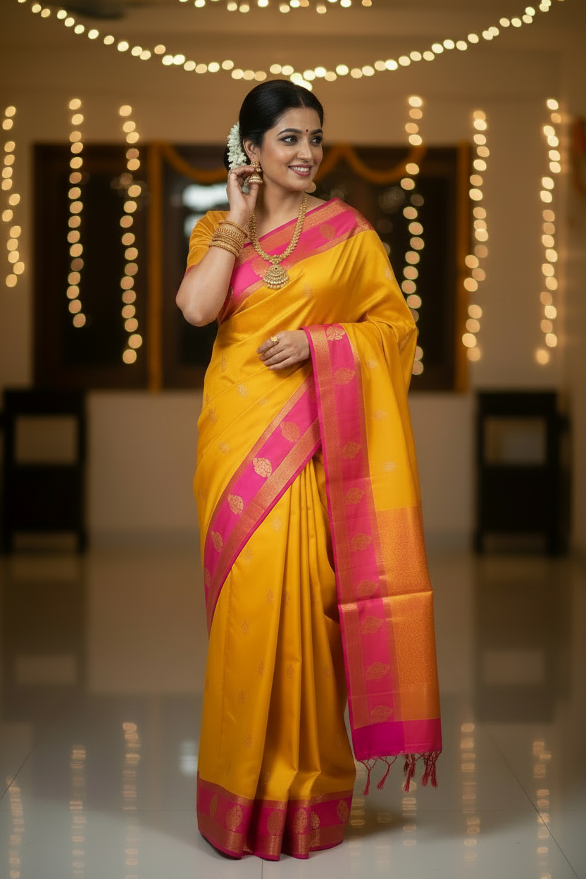 Yellow and Pink Soft Silk Saree