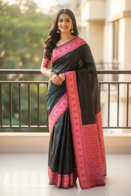 Green and Pink Tussar Silk Saree