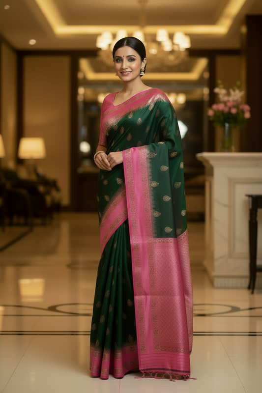 Green and Pink Soft Silk Saree
