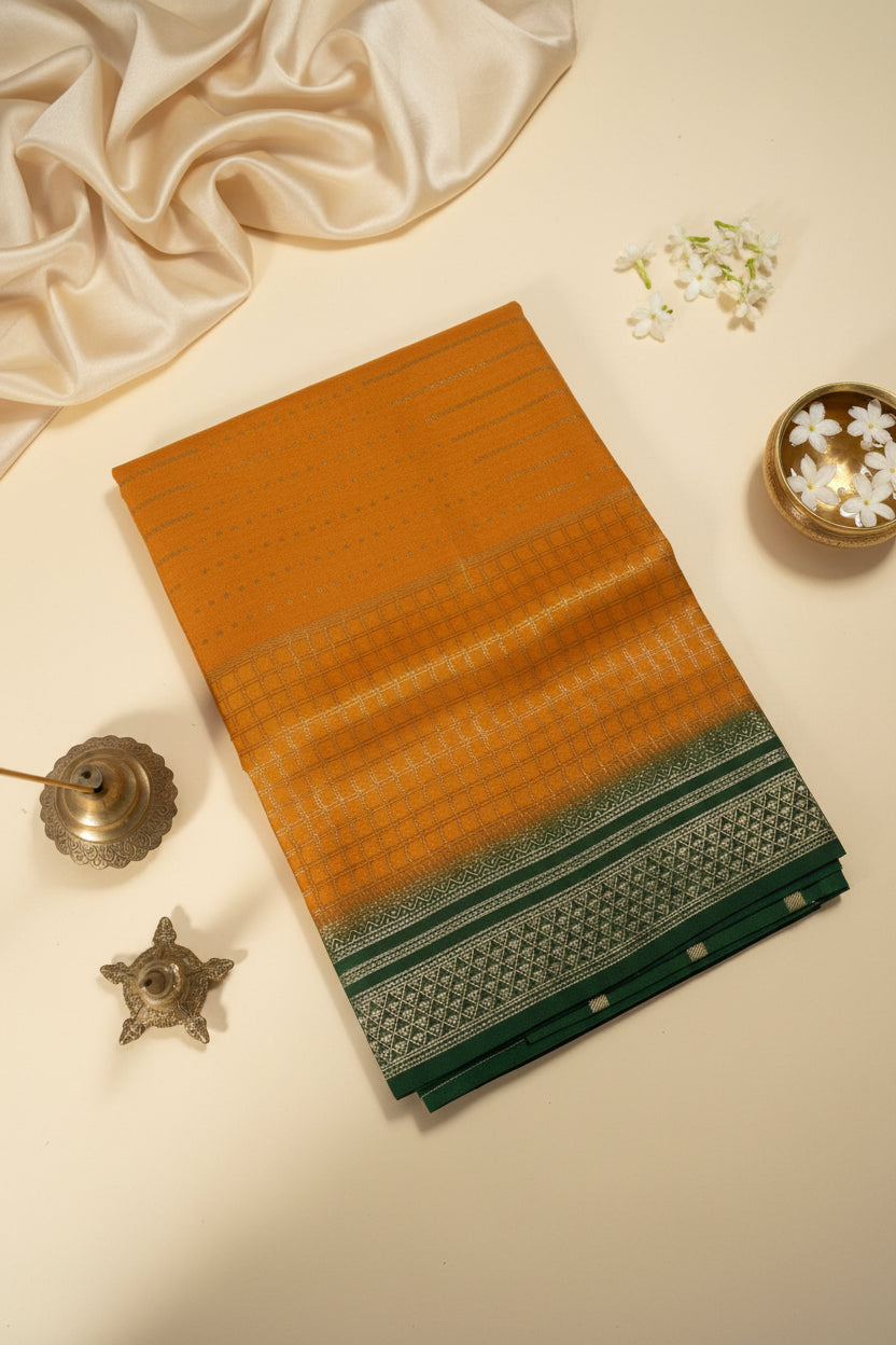 Golden-yellow and Green Soft Silk Saree