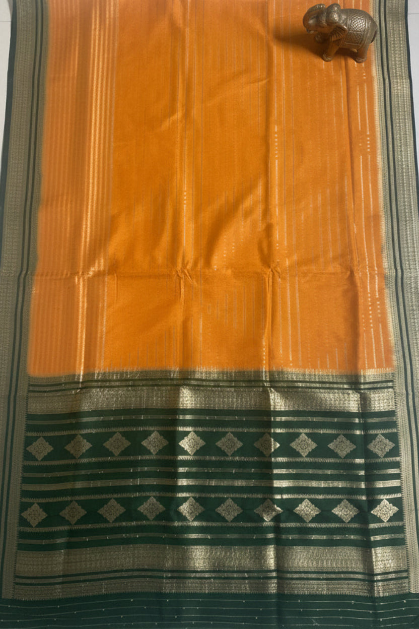 Golden-yellow and Green Soft Silk Saree