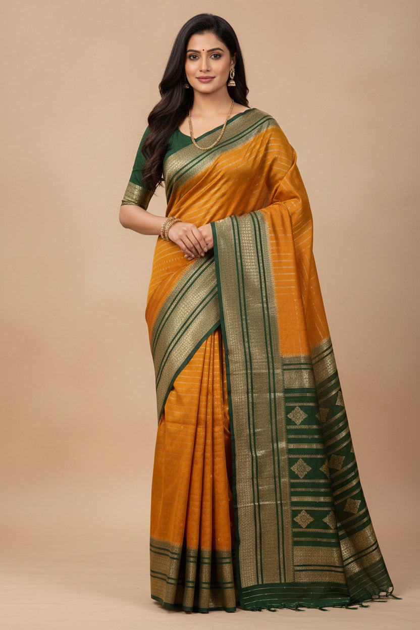 Golden-yellow and Green Soft Silk Saree