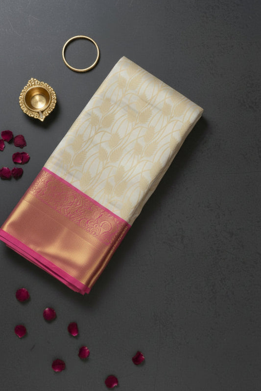 Creme and Pink Semi Silk Saree