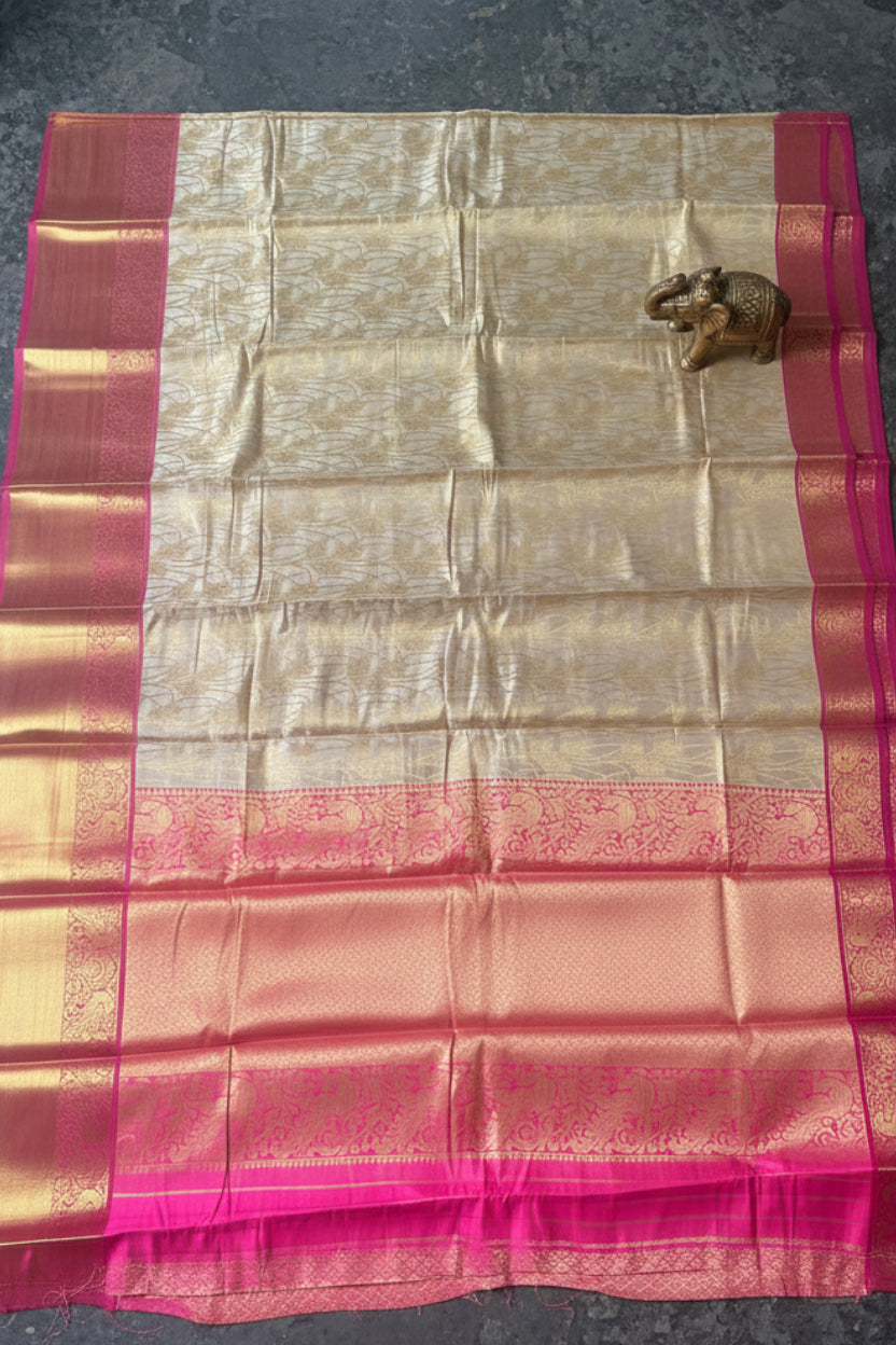 Creme and Pink Semi Silk Saree