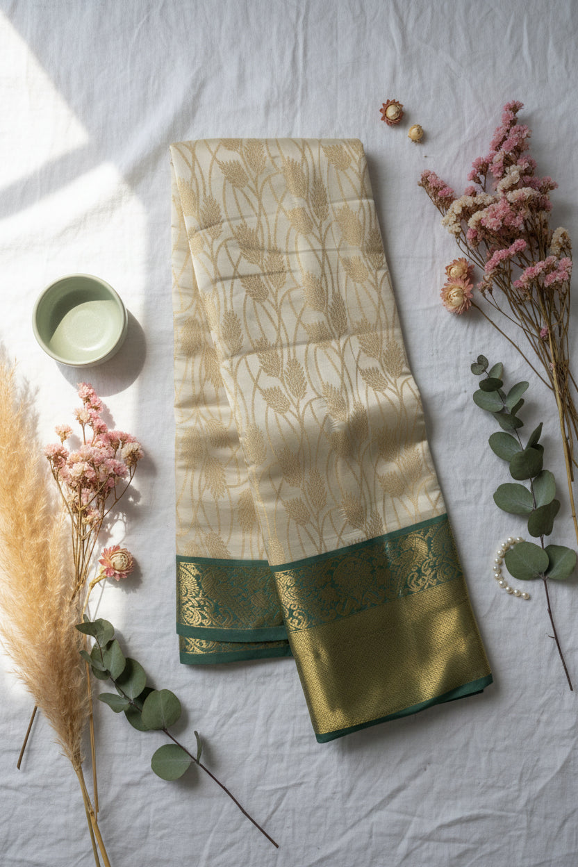 Creme and Green Semi Silk Saree