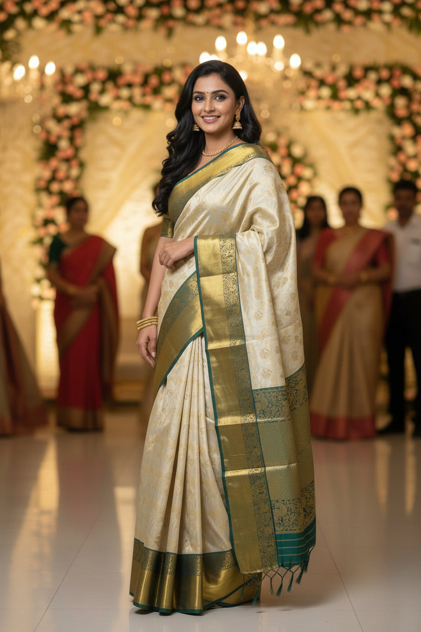 Creme and Green Semi Silk Saree