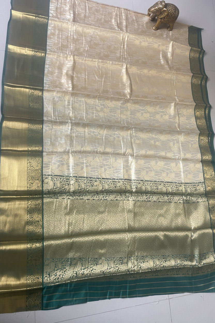 Creme and Green Semi Silk Saree
