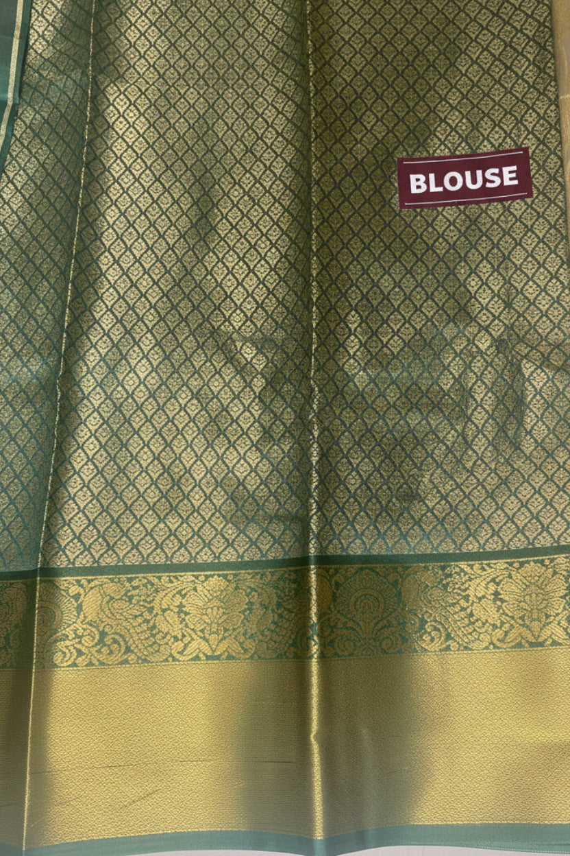 Creme and Green Semi Silk Saree