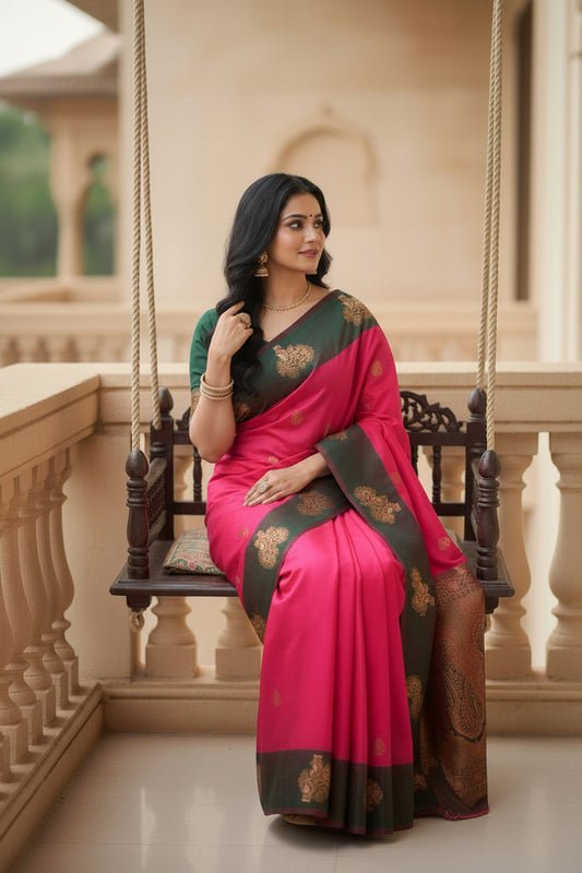Pink and Green Soft Silk Saree