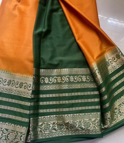 Yellow and Green Mysore Crape Silk Saree