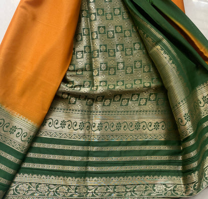 Yellow and Green Mysore Crape Silk Saree