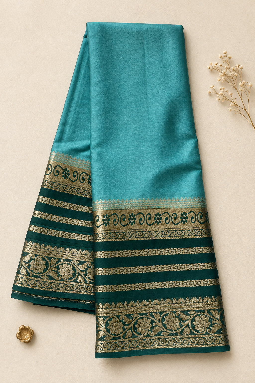 Teal Blue and Green Mysore Crape Silk Saree