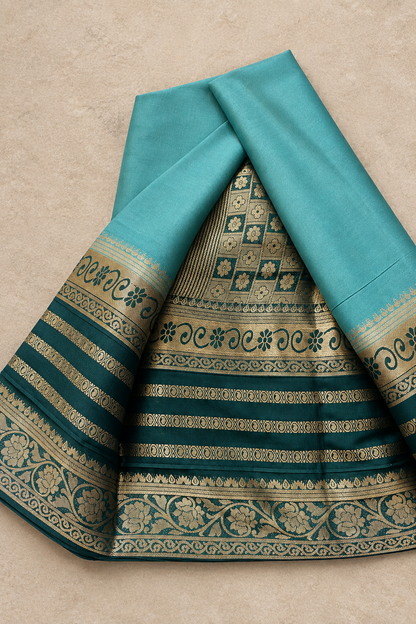 Teal Blue and Green Mysore Crape Silk Saree