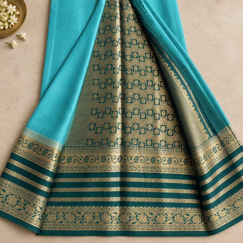 Teal Blue and Green Mysore Crape Silk Saree