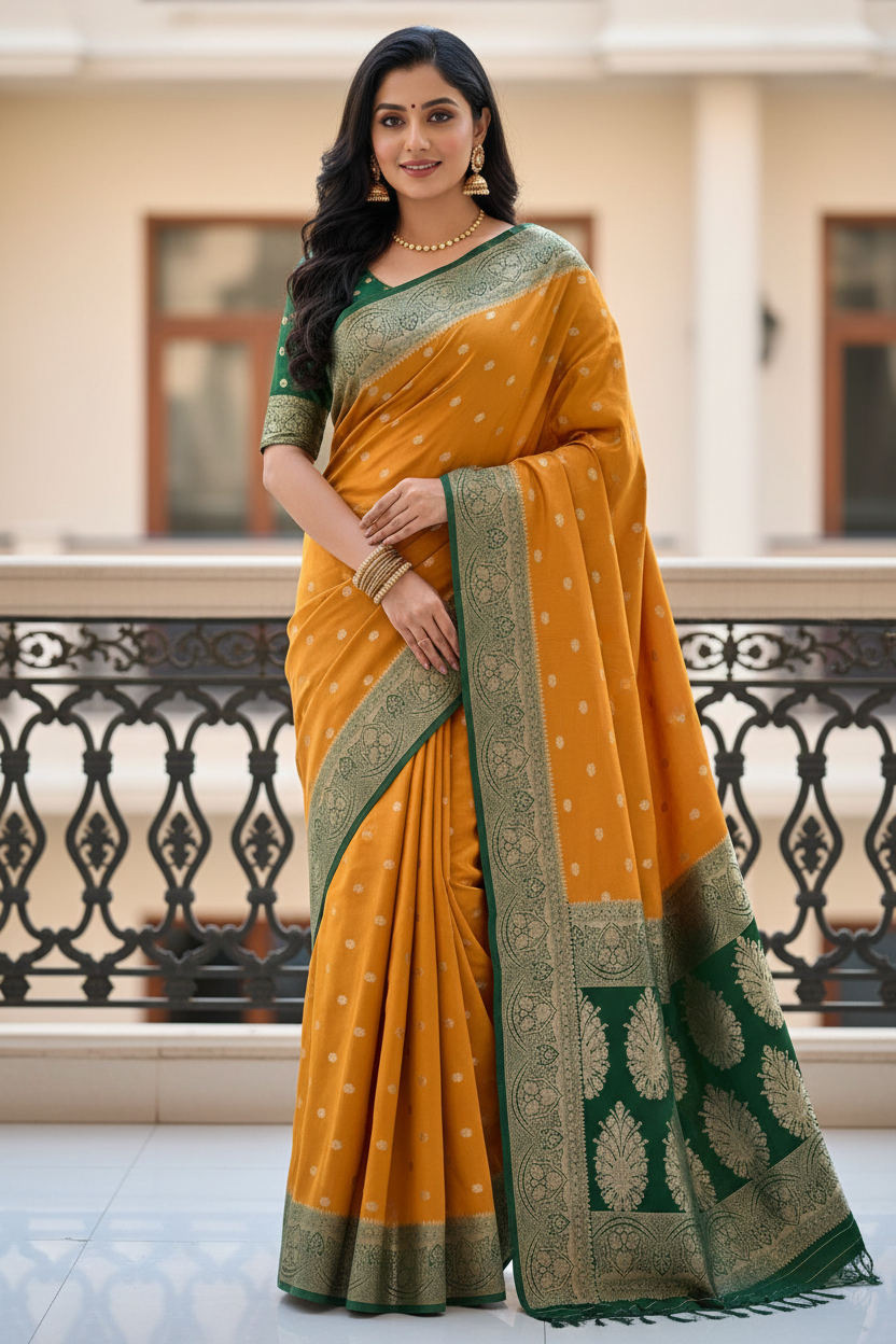 Yellow and Green Georgette Saree